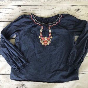 GapKids Shirt Girls Medium Embroidered Navy Long Sleeve Floral Top Blouse‎